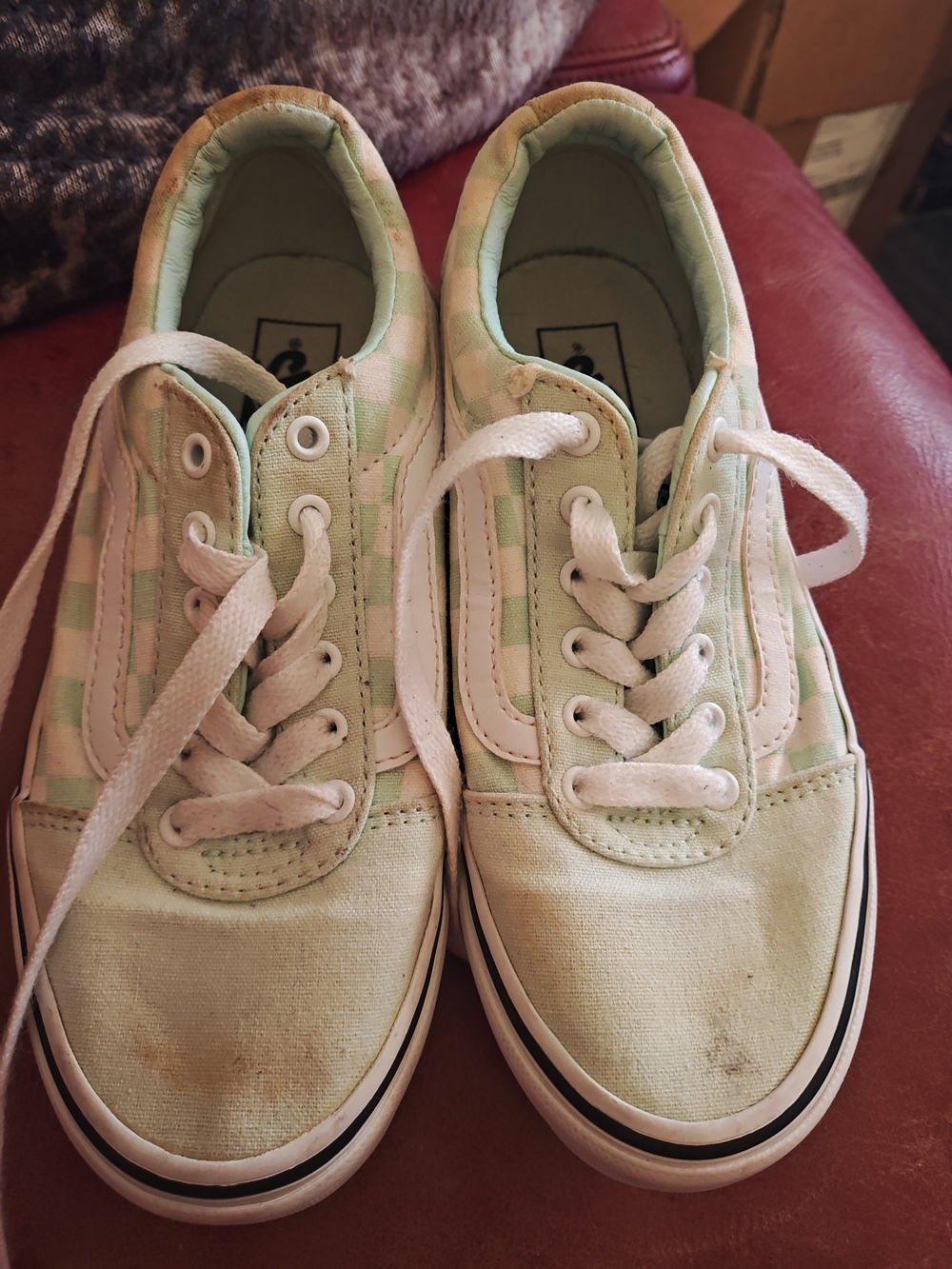 Vans Old Skool Mint Green Checkerboard Canvas Sneakers (Used, Stained) Sz1